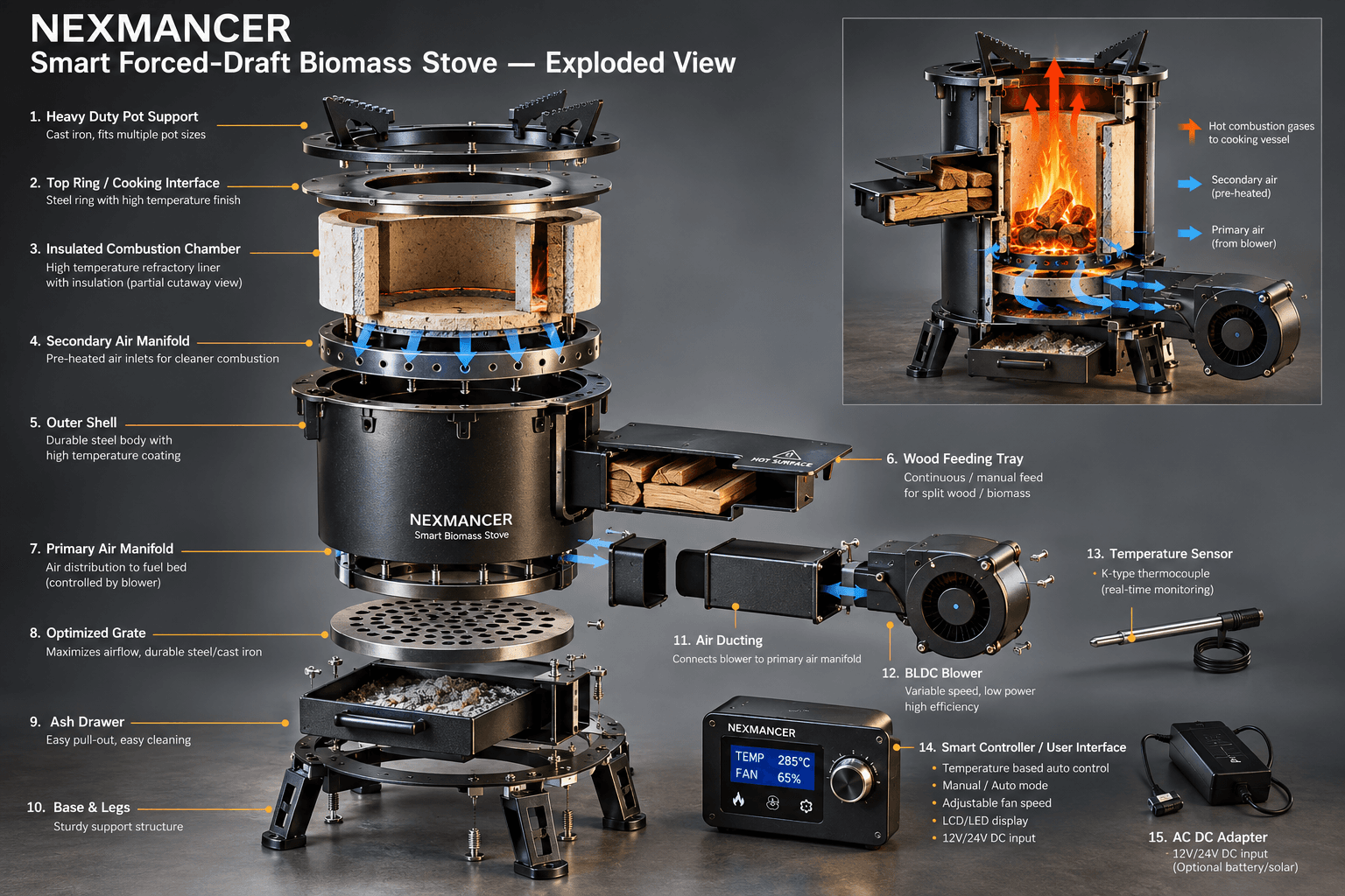 NEXMANCER Helios Smart Forced-Draft Biomass Stove complete 15-part exploded engineering view